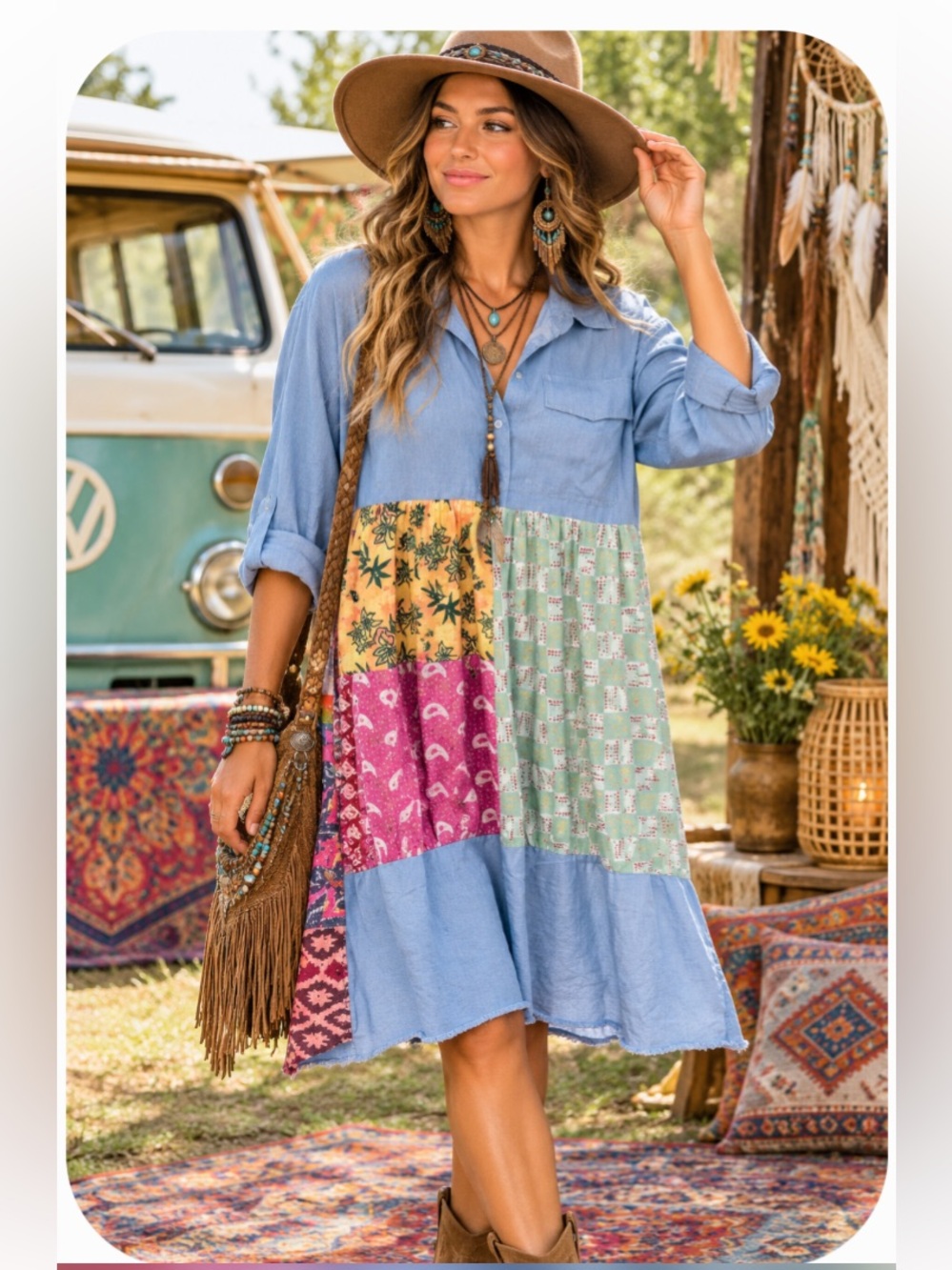 Womens Patchwork Light Blue Boho Hippie Buttons Tiered Dress Lightweight
